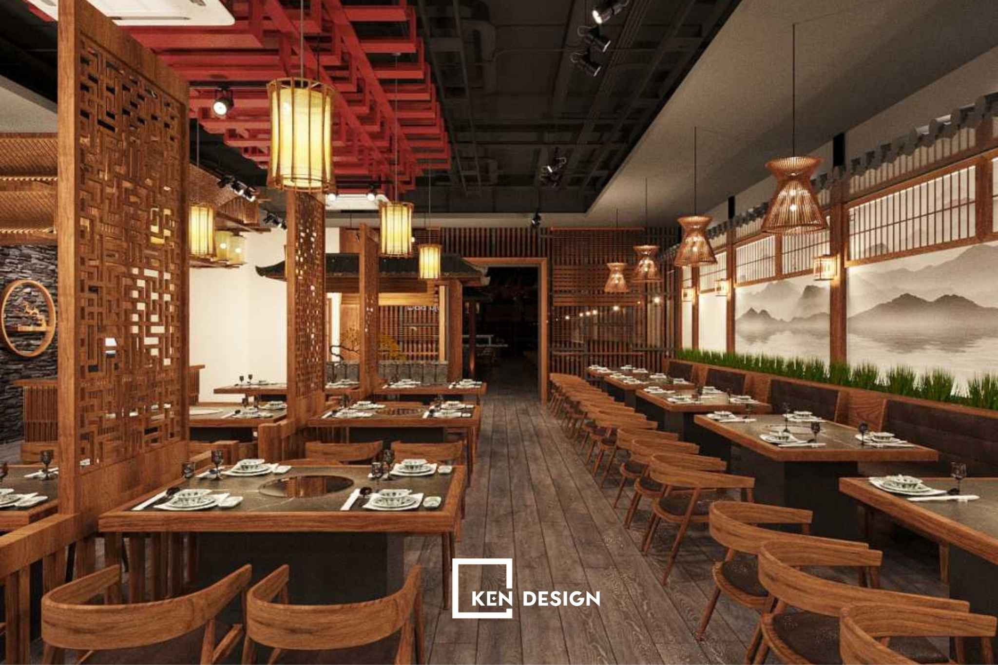 Gỗ tự nhiên là vật liệu chủ đạo của concept Hanok trong nhà hàng Hàn Quốc